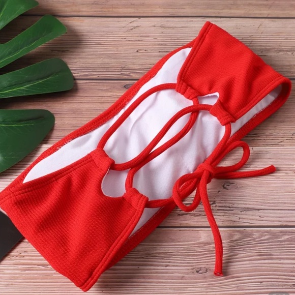 (Red) High Waist Strapless Bikini Women Swimwear - Picture 2 of 2